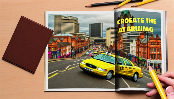 alt_text: Birmingham taxi service cover featuring a yellow cab, iconic landmarks, and a bustling urban scene.